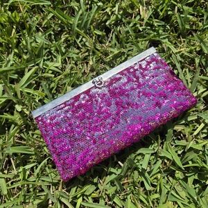 Sequin Clutch in Pink And Silver Wallet Clutch with Kiss Lock Closure